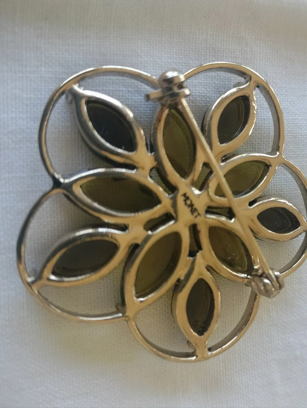 Amber Green Monet Marked Brooch-Vintage-Blue Center-marquis